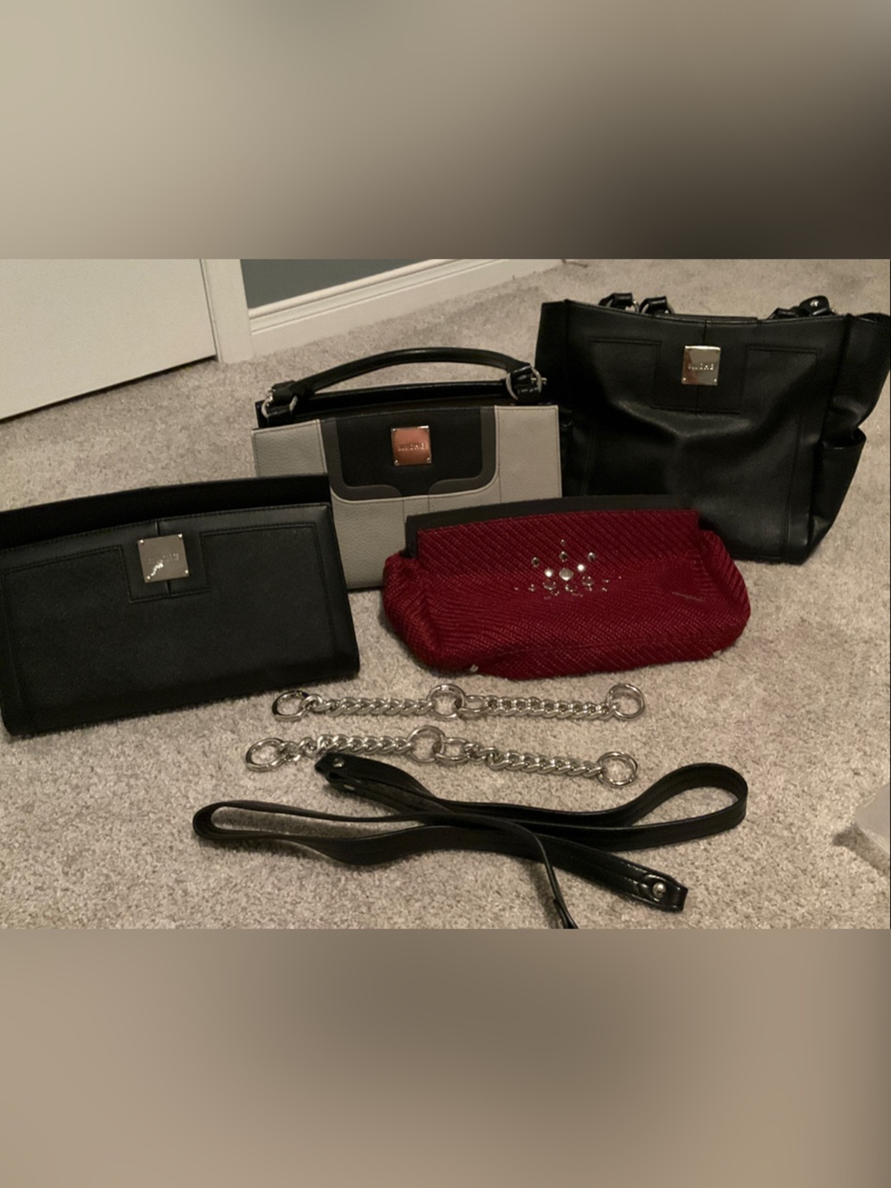 Faux Leather Black Top-Handle Tote with Red Knit Pouch